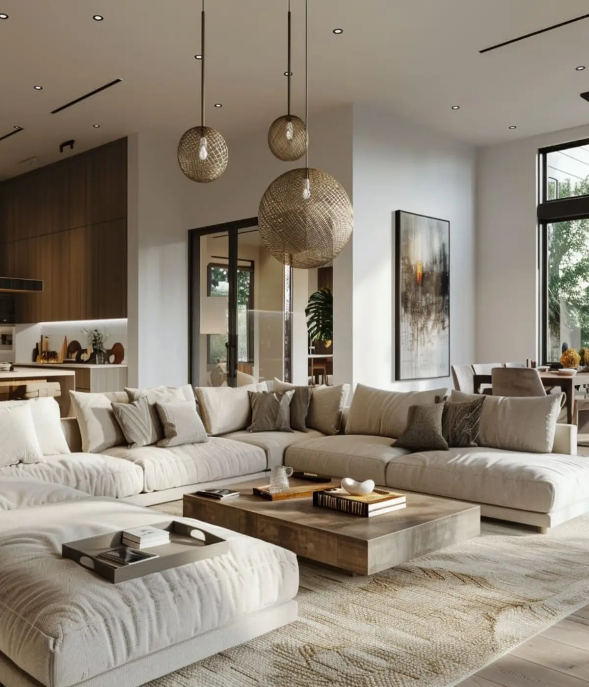 Luxury living room with warm neutral tones and elegant furniture